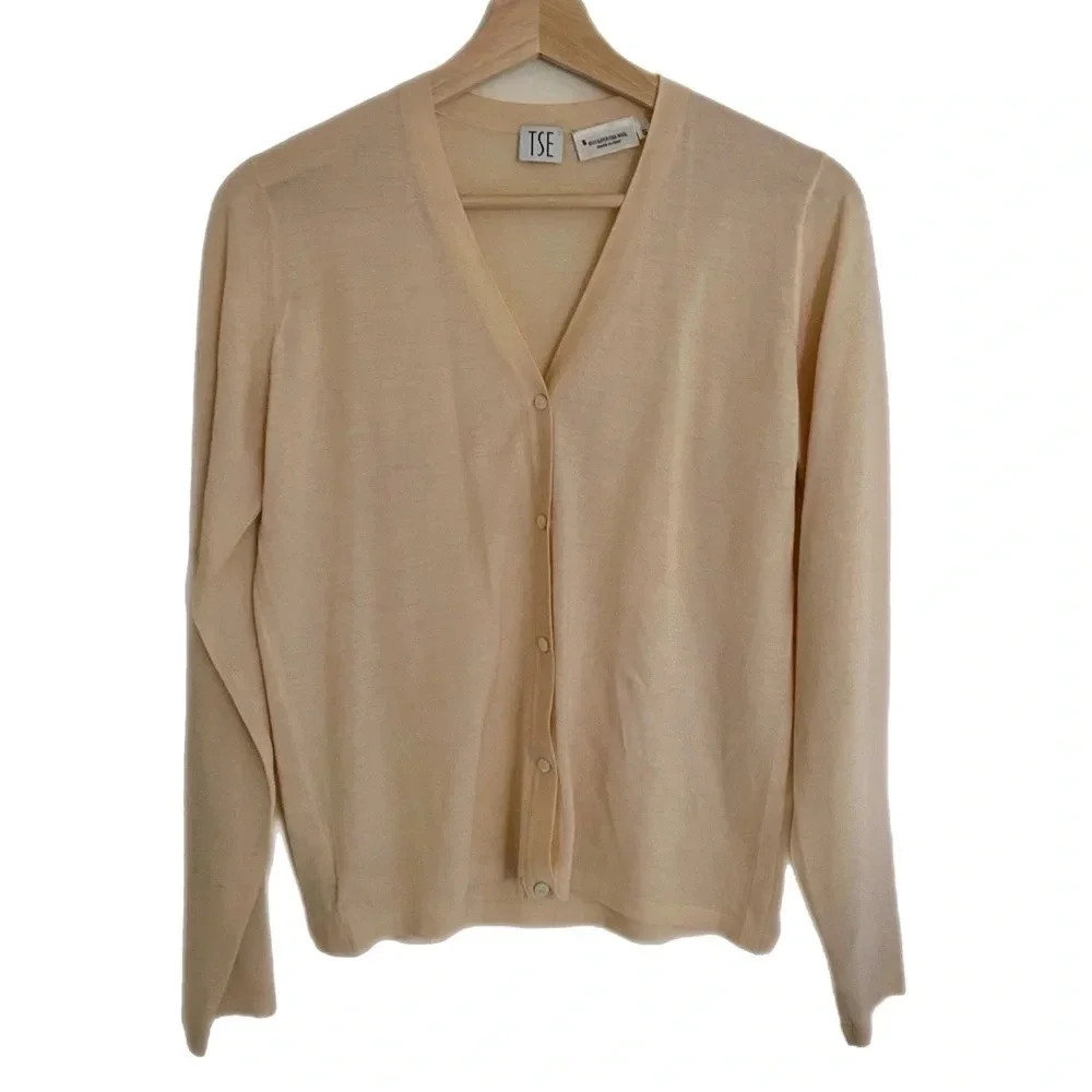 TSE Cashmere V-Neck Sweater Cardigan Peach Salmon Small Flaw - Picture 2 of 6